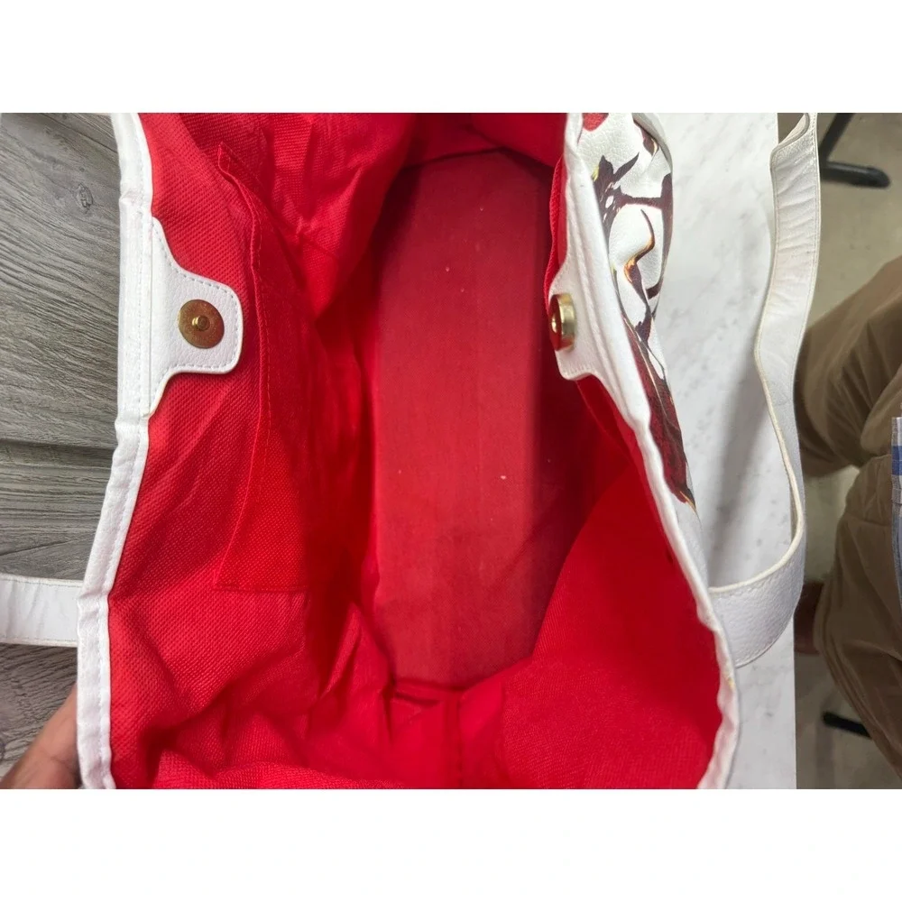 Ieena Duggal White Red Rose Floral Tote Bag Large Gold Hardware Shoulder Bag
